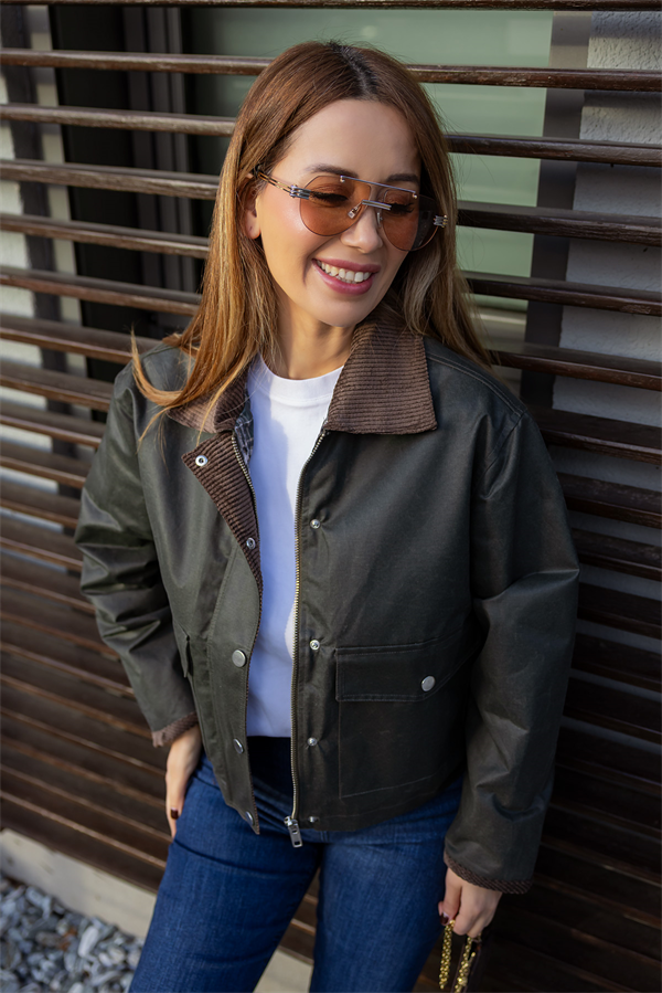 Kadife Yaka Dokulu Ceket - HAKİ