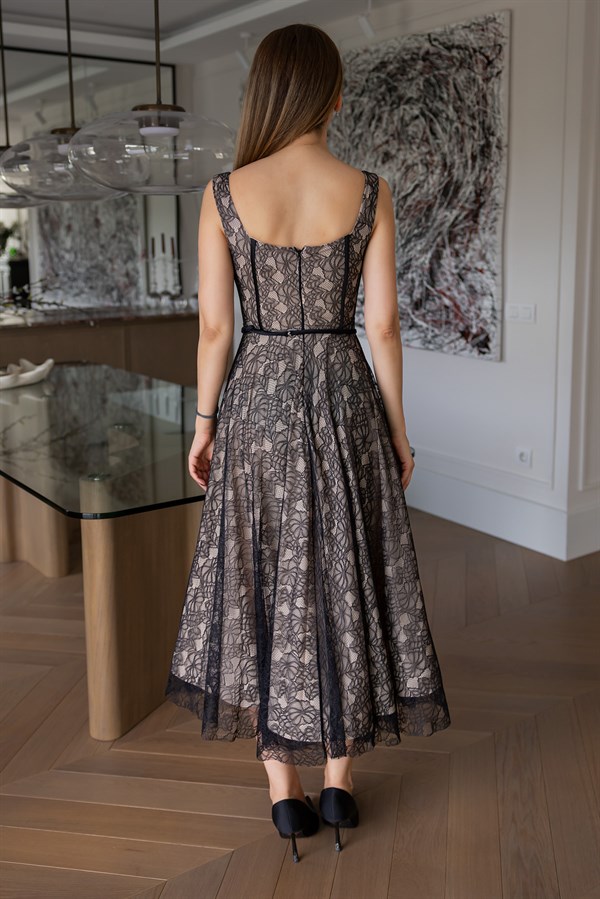 Kalın Askılı Dantelli Tasarım Abiye - SİYAH