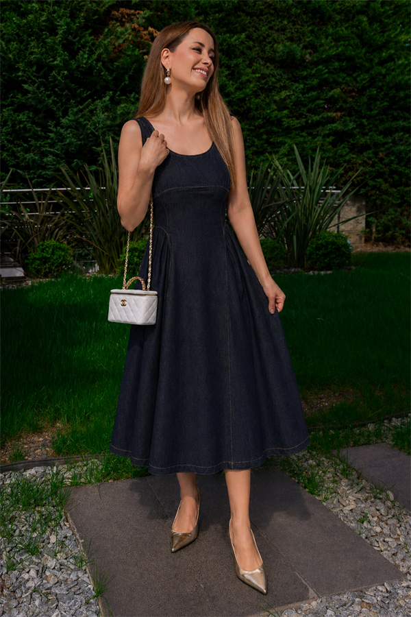 Kalın Askılı Denim Elbise - LACİVERT