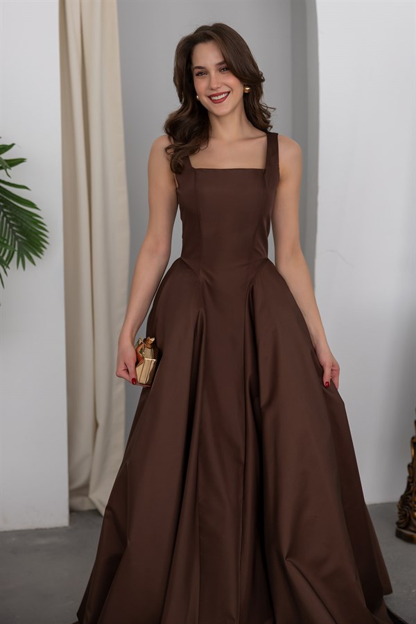 Kalın Askılı Kabarık Abiye - KAHVERENGİ