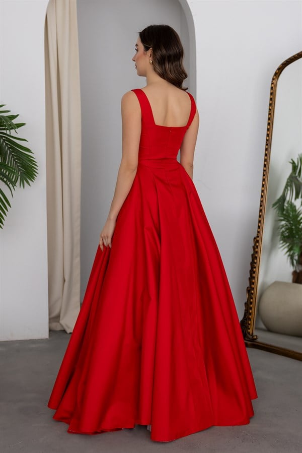 Kalın Askılı Kabarık Abiye - KIRMIZI