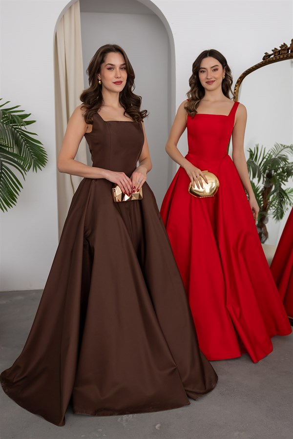 Kalın Askılı Kabarık Abiye - KIRMIZI