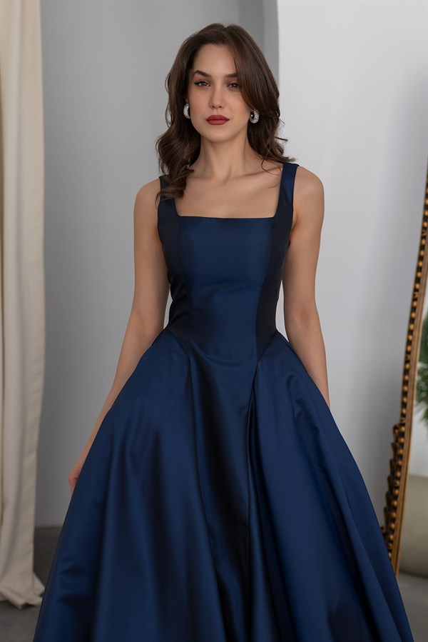 Kalın Askılı Kabarık Abiye - LACİVERT