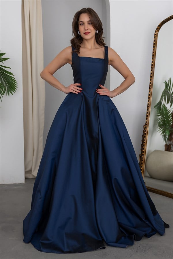 Kalın Askılı Kabarık Abiye - LACİVERT