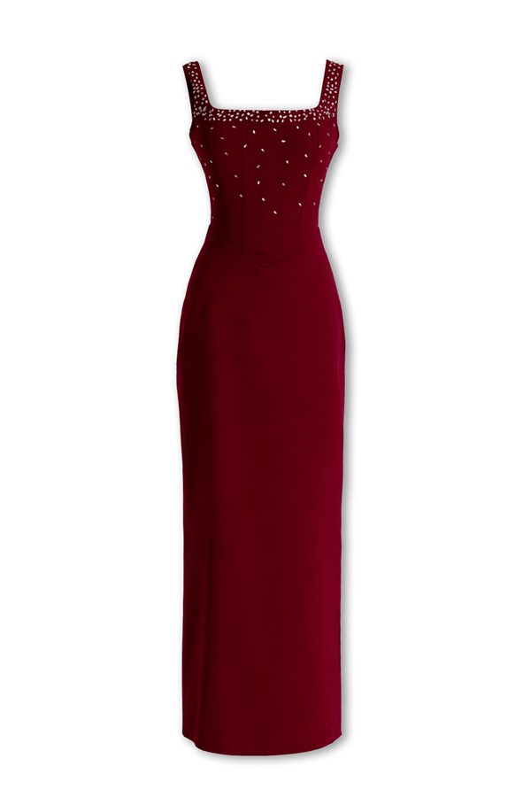 Kalın Askılı Taş İşlemeli Elbise - BORDO