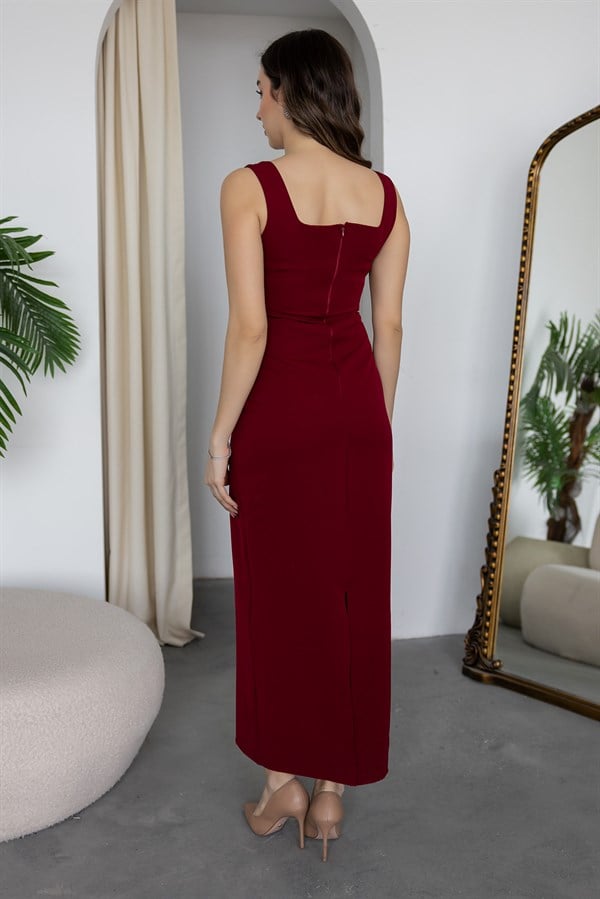 Kalın Askılı Taş İşlemeli Elbise - BORDO
