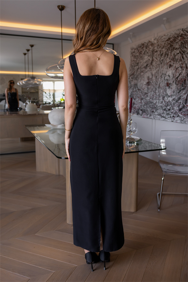 Kalın Askılı Taş İşlemeli Elbise - SİYAH