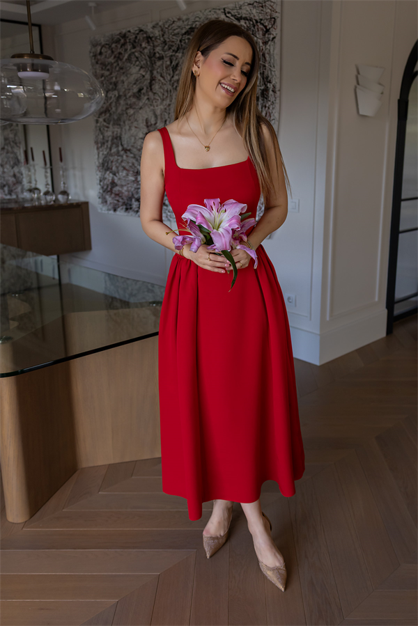 Kalın Askılı Volanlı Elbise - KIRMIZI