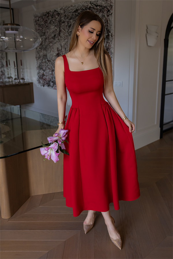 Kalın Askılı Volanlı Elbise - KIRMIZI