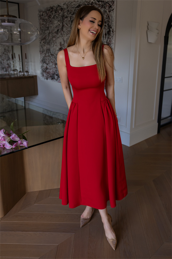 Kalın Askılı Volanlı Elbise - KIRMIZI