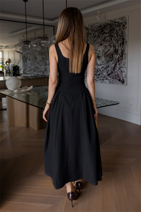 Kalın Askılı Volanlı Elbise - SİYAH