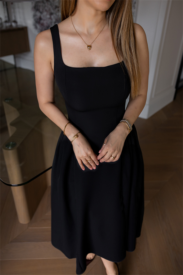 Kalın Askılı Volanlı Elbise - SİYAH