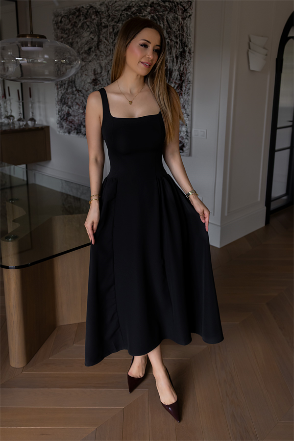 Kalın Askılı Volanlı Elbise - SİYAH