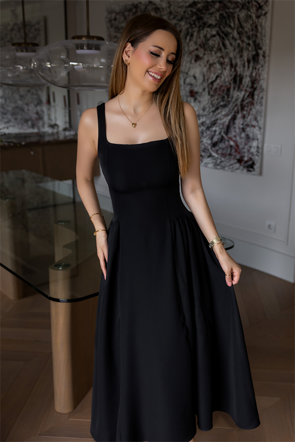 Kalın Askılı Volanlı Elbise - SİYAH