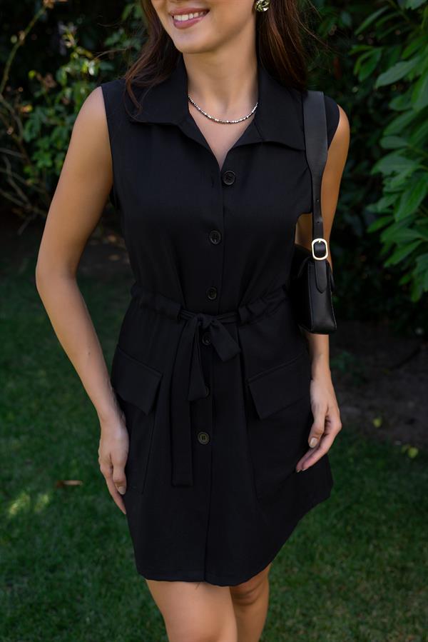 Kapak Cepli Mini Elbise - SİYAH