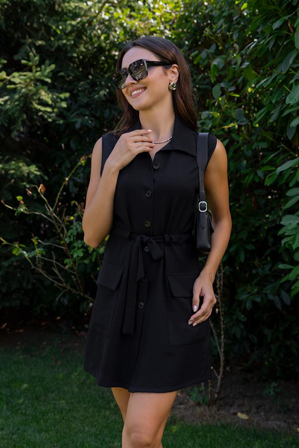 Kapak Cepli Mini Elbise - SİYAH