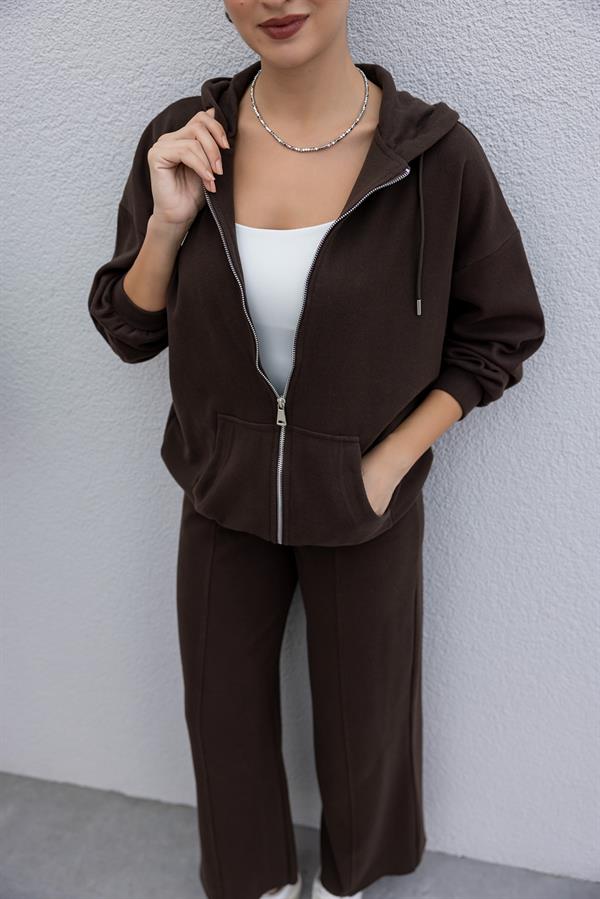 Kapüşonlu Palazzo Takım - KAHVERENGİ