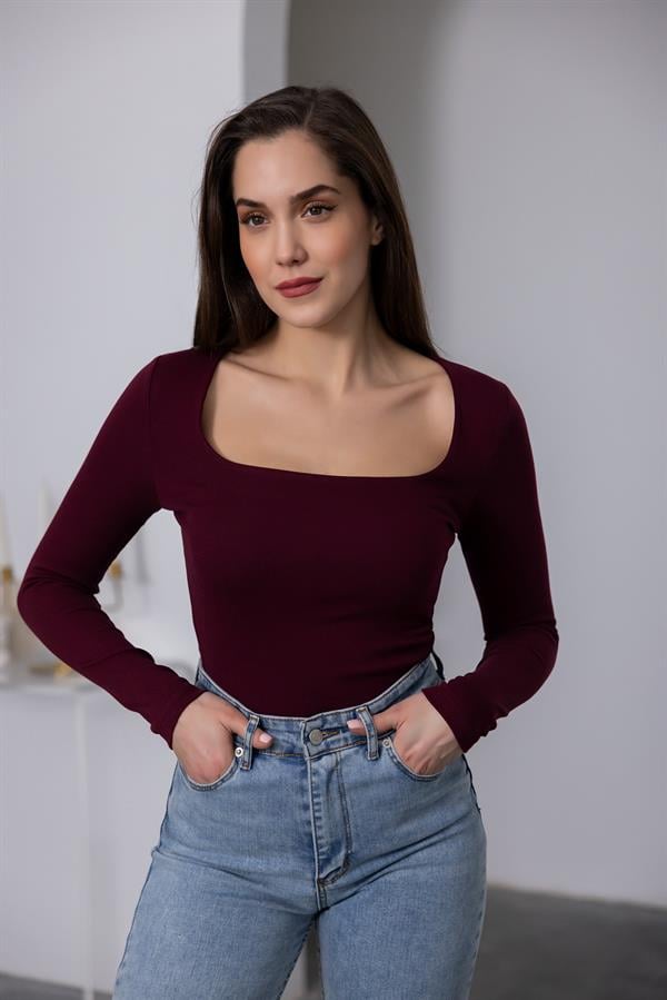 Square Neck Blouse - Burgundy