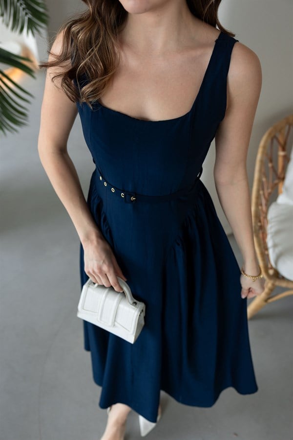 Kare Yaka Büzgülü Elbise - LACİVERT