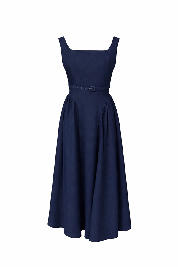 Kare Yaka Büzgülü Elbise - LACİVERT