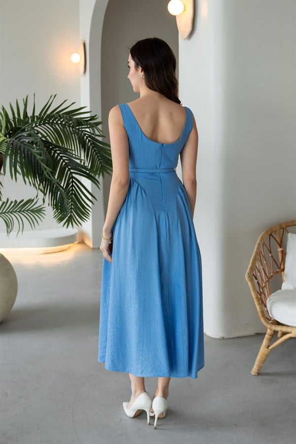 Kare Yaka Büzgülü Elbise - MAVİ