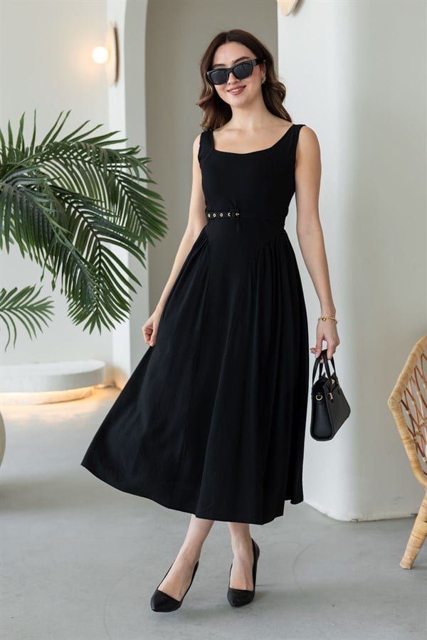 Kare Yaka Büzgülü Elbise - SİYAH