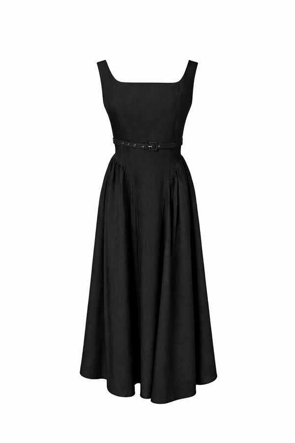 Kare Yaka Büzgülü Elbise - SİYAH