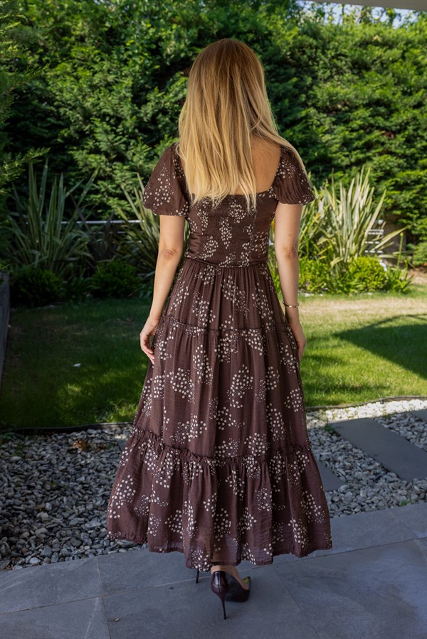 Kare Yaka Floral Desen Elbise - KAHVERENGİ
