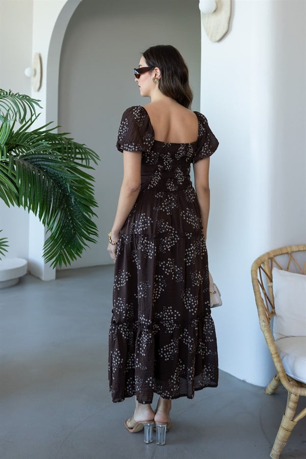 Kare Yaka Floral Desen Elbise - KAHVERENGİ