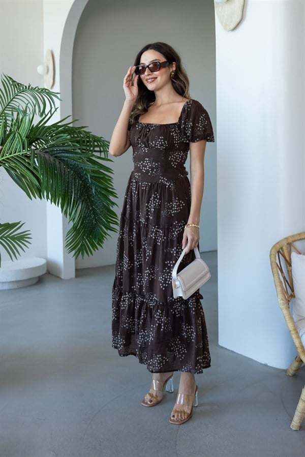 Kare Yaka Floral Desen Elbise - KAHVERENGİ