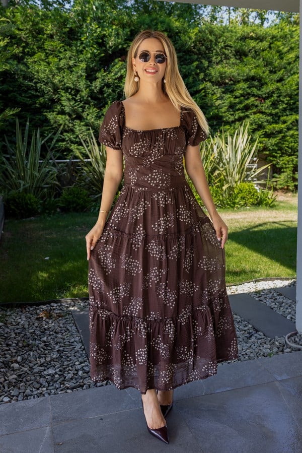 Kare Yaka Floral Desen Elbise - KAHVERENGİ