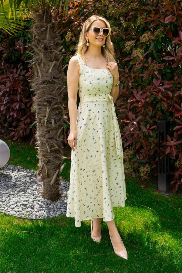 Kare Yaka Gül Desen Elbise - SARI