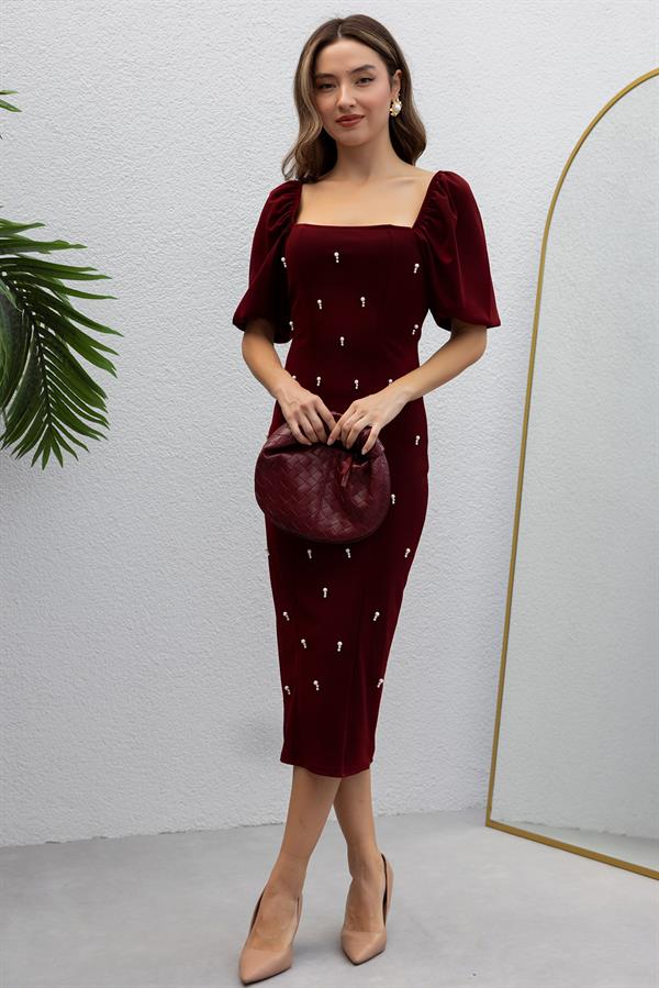 Kare Yaka İnci İşlemeli Elbise - BORDO