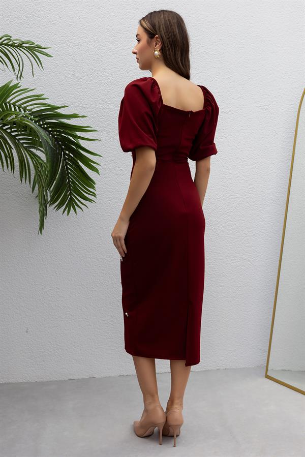 Kare Yaka İnci İşlemeli Elbise - BORDO