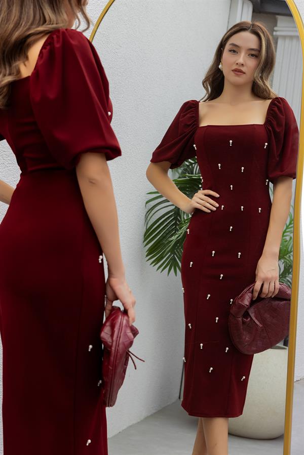 Kare Yaka İnci İşlemeli Elbise - BORDO