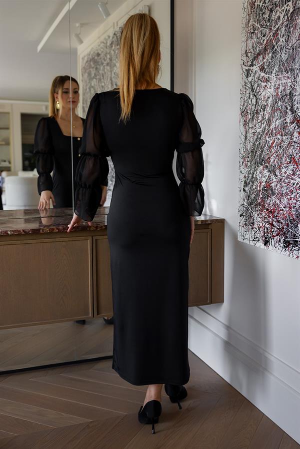 Kare Yaka Kol Lastikli Elbise - SİYAH