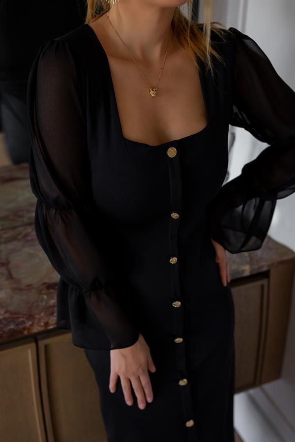 Kare Yaka Kol Lastikli Elbise - SİYAH