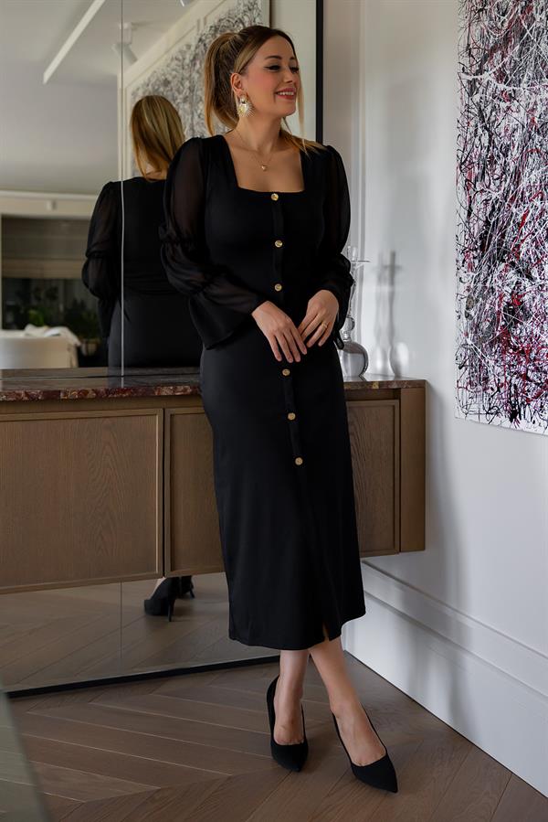 Kare Yaka Kol Lastikli Elbise - SİYAH