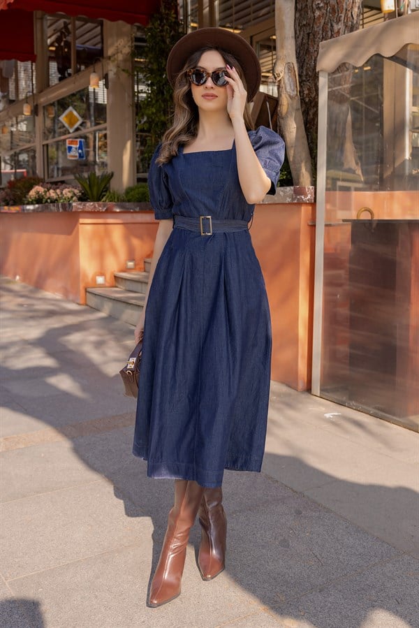 Kare Yaka Kot Elbise - LACİVERT