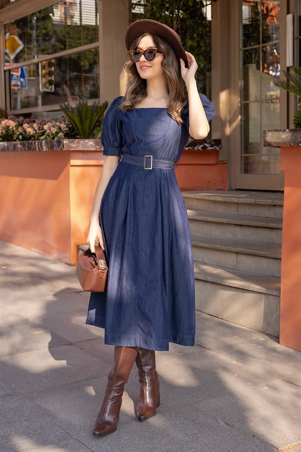 Kare Yaka Kot Elbise - LACİVERT