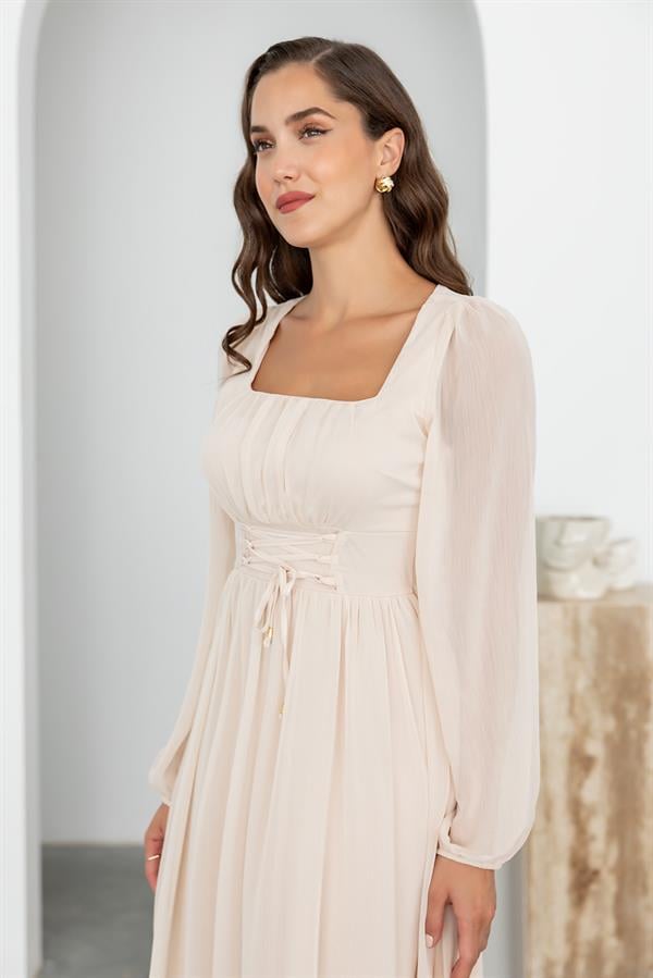 Kare Yaka Midi Tül Elbise - KREM