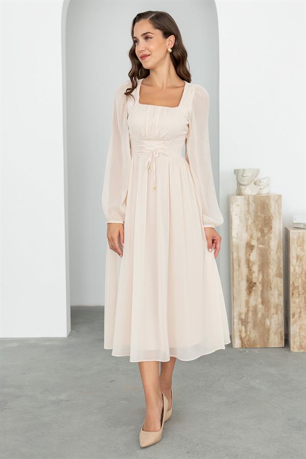 Kare Yaka Midi Tül Elbise - KREM