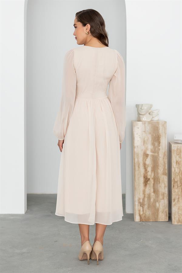 Kare Yaka Midi Tül Elbise - KREM
