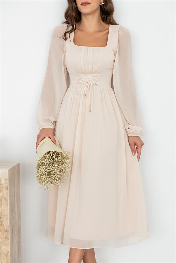 Kare Yaka Midi Tül Elbise - KREM