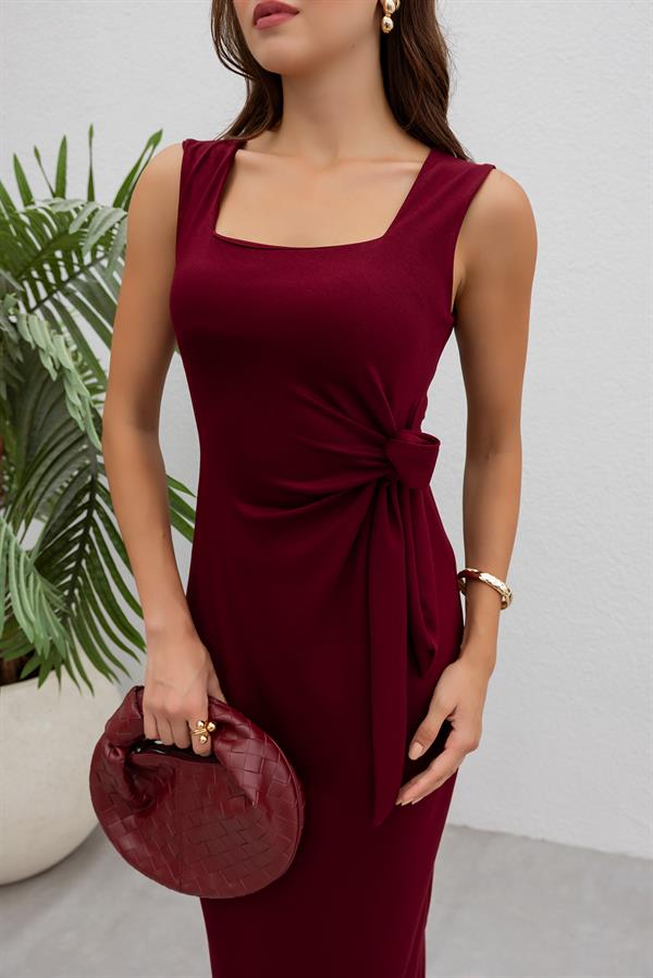 Kare Yaka Modal Elbise - BORDO