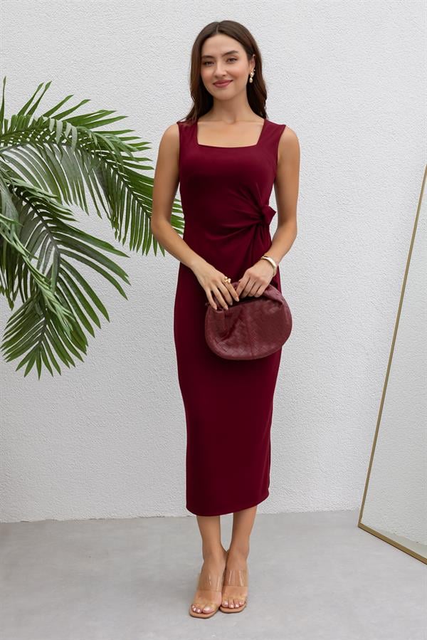 Kare Yaka Modal Elbise - BORDO