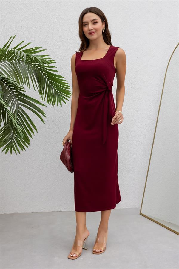 Kare Yaka Modal Elbise - BORDO