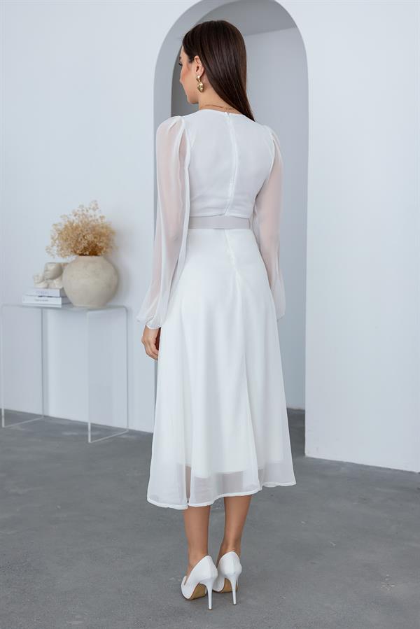 Kare Yaka Şifon Elbise - BEYAZ