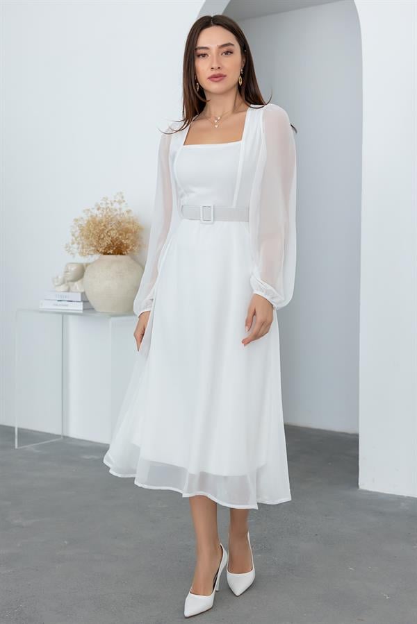Kare Yaka Şifon Elbise - BEYAZ