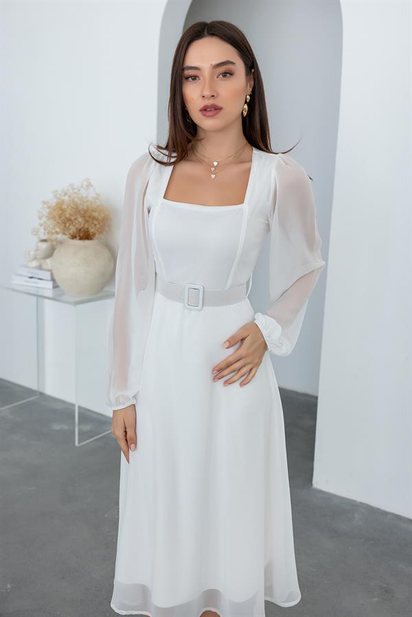 Kare Yaka Şifon Elbise - BEYAZ
